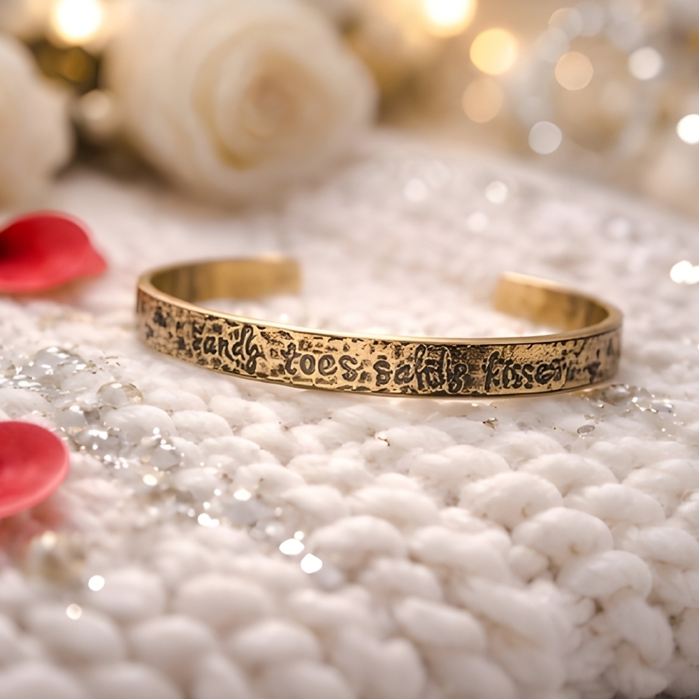 Inspirational Open Bangle "Sandy Toes and Salty Kisses" Hammered Texture